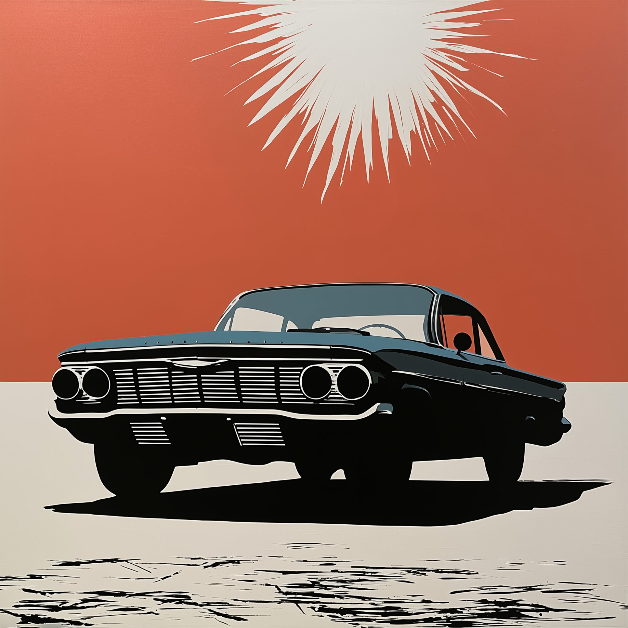 Poster med motivet Retrobil i solnedgång