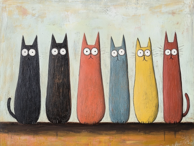 Färgglada Katter i Rad